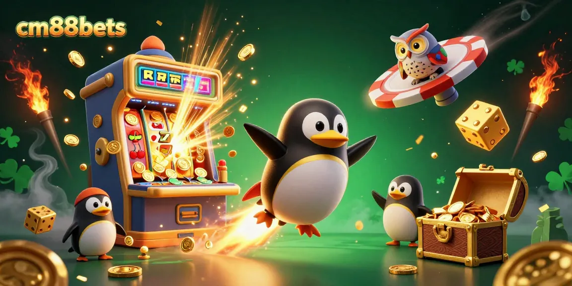 Experience exciting gaming at cm88bets with golden penguin, slot machines, and vibrant casino elements.