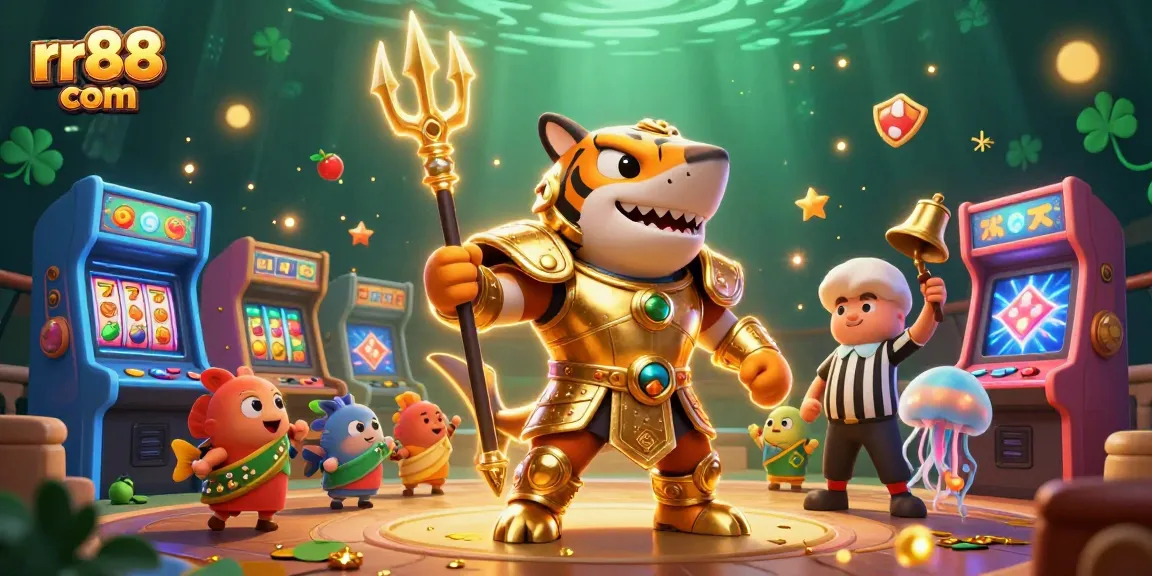 Win big with rr88 com in this vibrant 3D casino scene featuring slots, action, and playful characters.