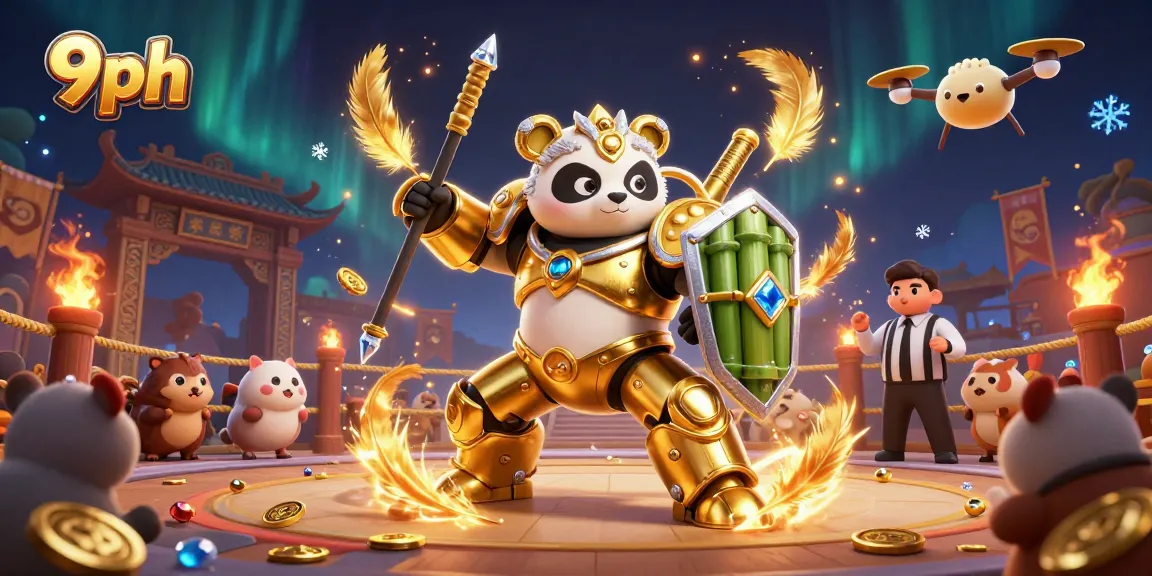 Engage in exciting cockfighting at 9ph, featuring a golden panda robot in a vibrant arena.