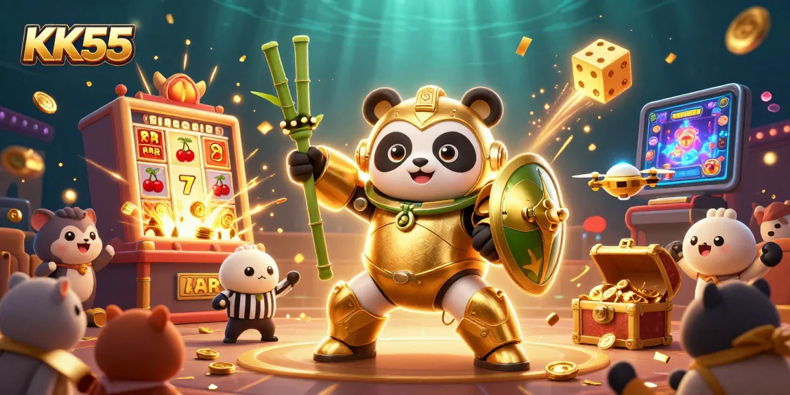 Experience the vibrant energy of KK55's dynamic gaming world surrounded by animated characters and winning symbols.