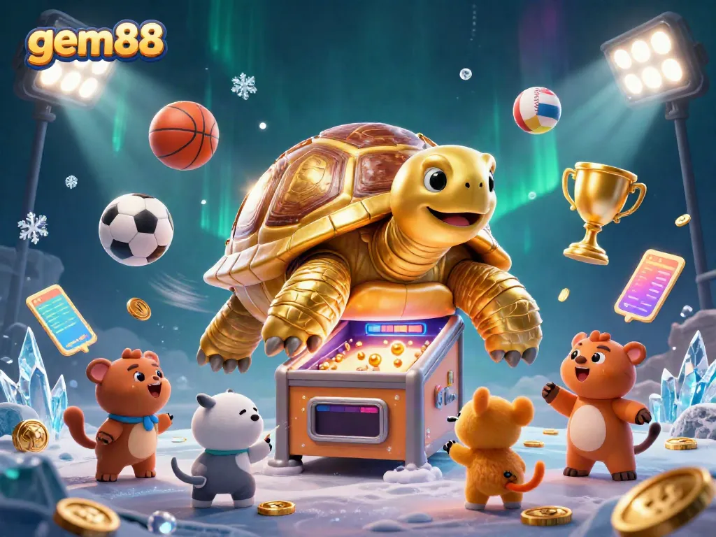 Experience the thrill of gem88 gaming with a golden tortoise pinball machine and sports excitement.