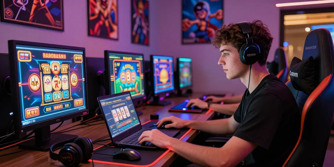 Player enjoying credit card casinos experience on a laptop in a vibrant gaming setup.