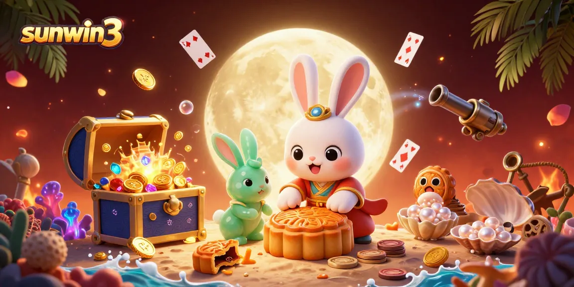 Win big at sunwin3 with a vibrant casino scene featuring moon rabbits and poker chips.