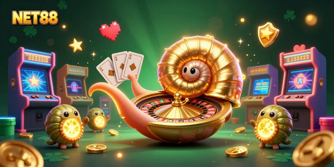 Win at NET88 with lively 3D casino illustration featuring a nautilus roulette wheel and vibrant arcade elements.