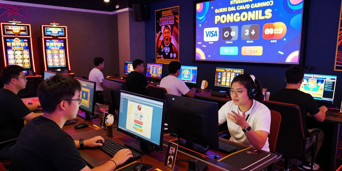 Engaged players at credit card casinos UK enjoying diverse gaming experiences, illuminated by vibrant digital graphics.
