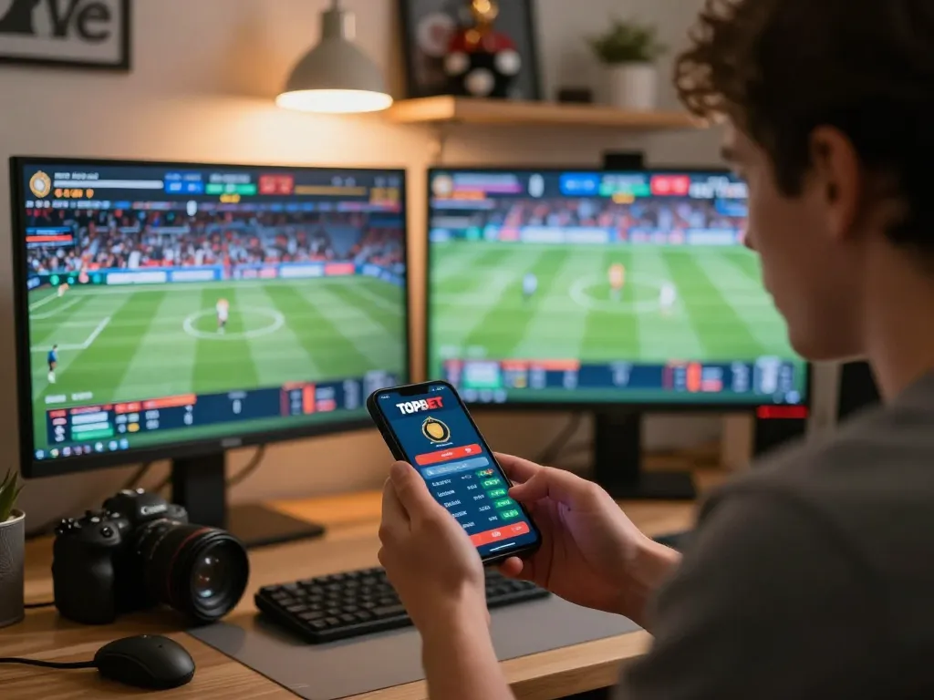 Engaged bettor using the TOPBET app on smartphone, excited by live sports betting.