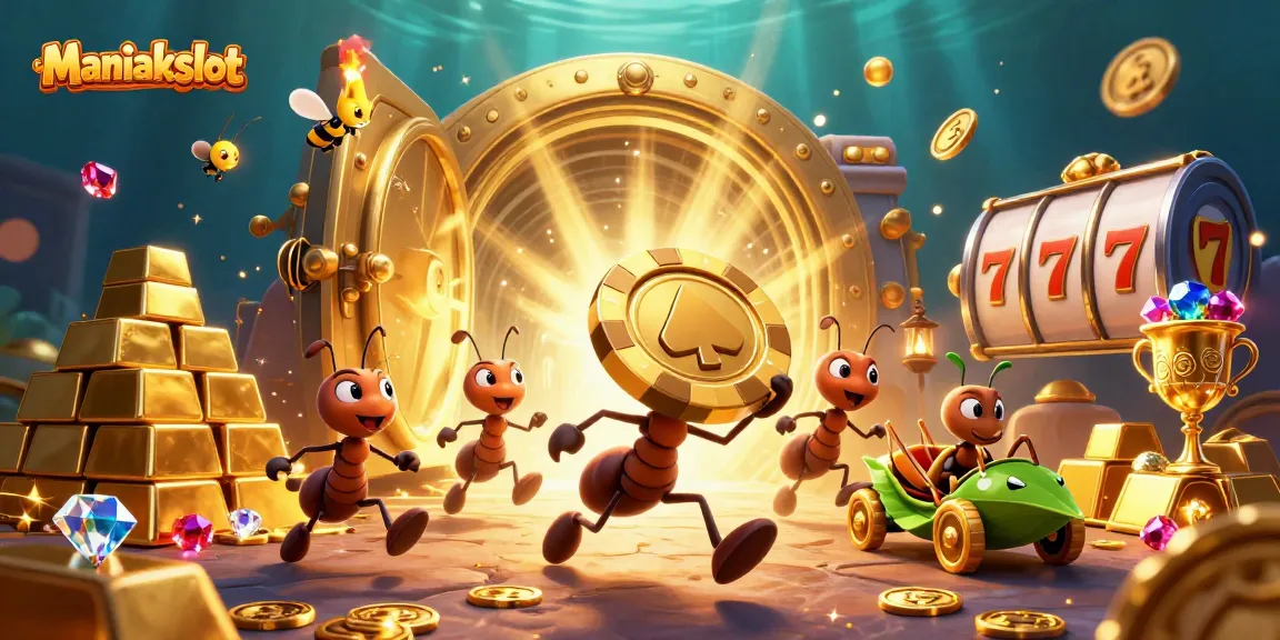 Experience the thrill of Maniakslot with a heist-themed 3D illustration featuring ants, poker chips, and casino symbols.