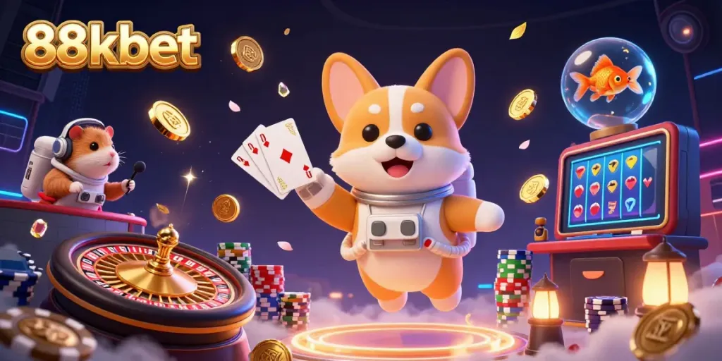 Experience the vibrant thrill of 88kbet's space casino full of drifting poker chips and floating gold coins.
