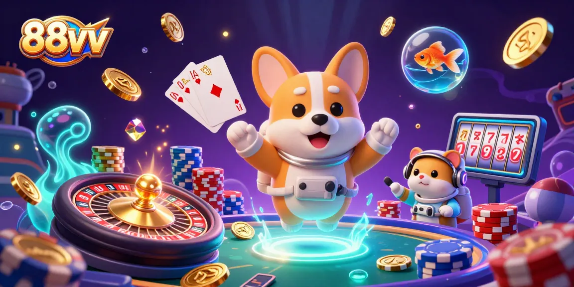 Engage with the vibrant 88vv casino universe featuring a corgi astronaut amidst floating gaming elements.