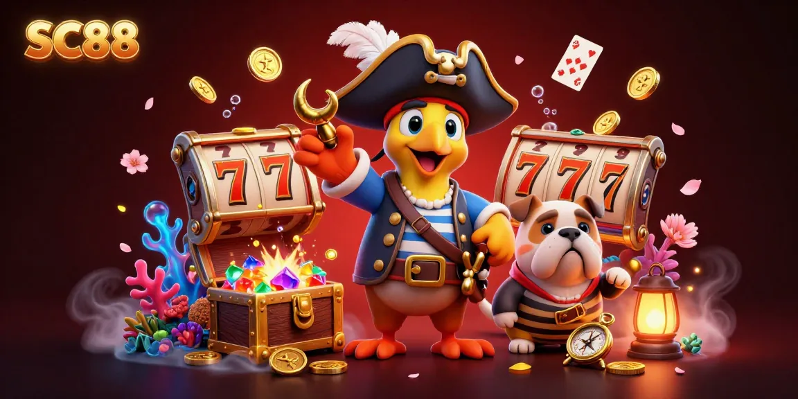 Engage with the vibrant SC88 casino adventure featuring a pirate captain, dog, and cat amidst slot reels and treasures.