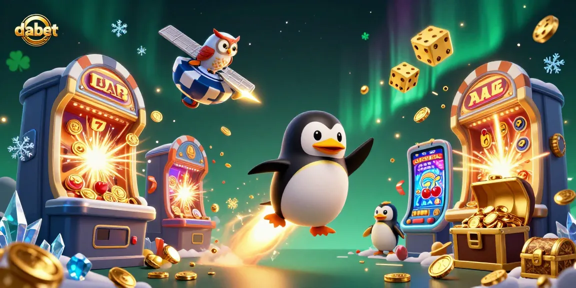 Dabet's engaging 3D cartoon scene of a rocket-powered penguin and jackpot bursting slots.