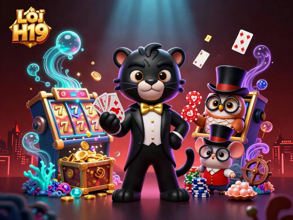 Engage with Lỗi H19 thrilling casino scene featuring a panther, owl, and mouse among vibrant slot machines.