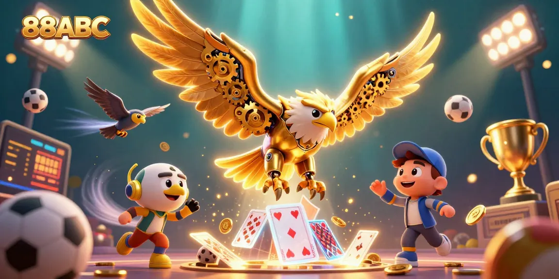 Experience the thrill of 88ABC with vibrant sports betting elements and a cybernetic eagle illustration.