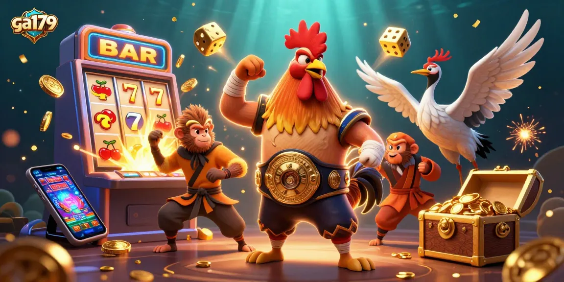 Experience thrilling action at ga179 with 3D characters in a dynamic casino scene featuring a rooster, monkey, and crane.