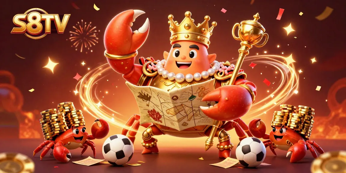 S8TV combines sports betting excitement with a vibrant illustration of a golden crab emperor amidst betting elements.