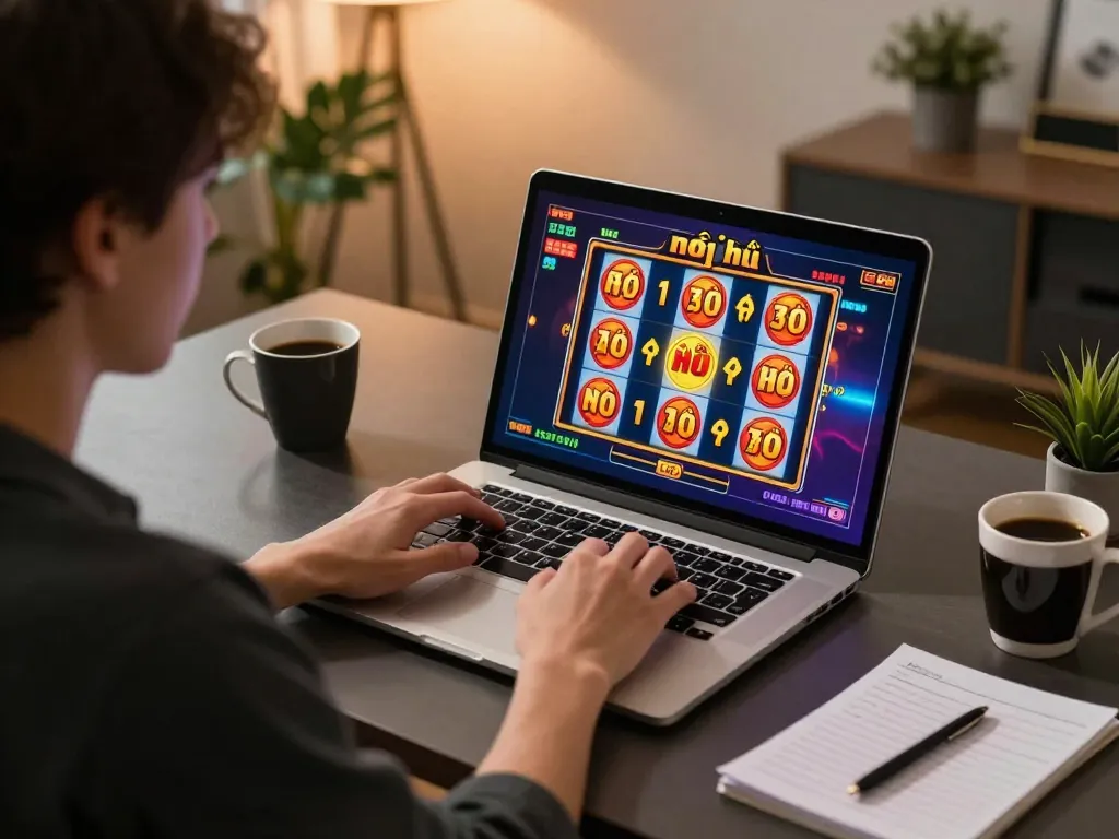 Play nổ hũ on a laptop, showcasing colorful slot reels in an engaging home gaming setup.