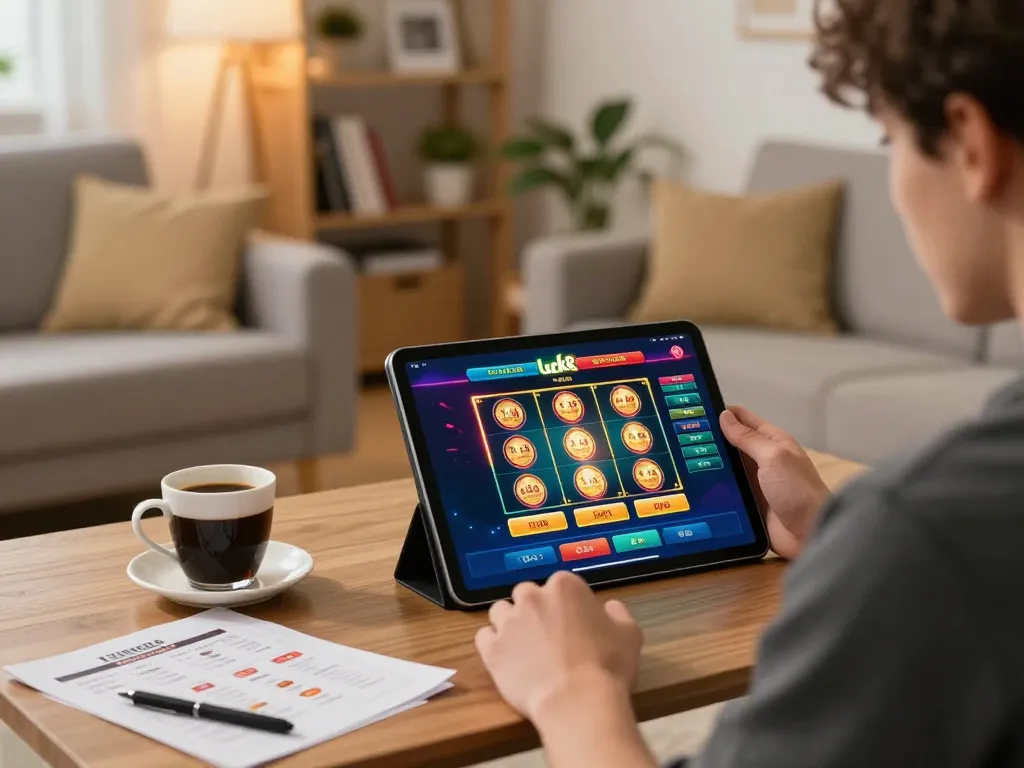 Engaged player enjoying Luck8 online casino app in a cozy home setting, highlighting strategic gaming.