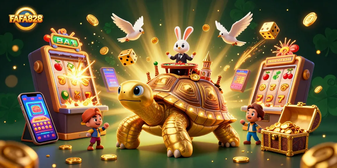 Spin and win at FAFA828 with the golden tortoise and vibrant casino scene full of jackpot thrills!