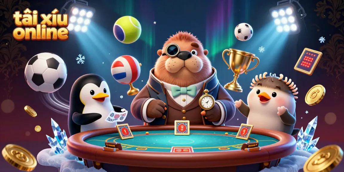 Engage with tài xỉu online gameplay at an underwater poker table featuring a walrus, penguin dealer, and pufferfish player.
