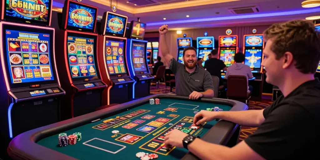 Engaging gaming atmosphere at 666Gambit Casino, with players enjoying vibrant slots and roulette.