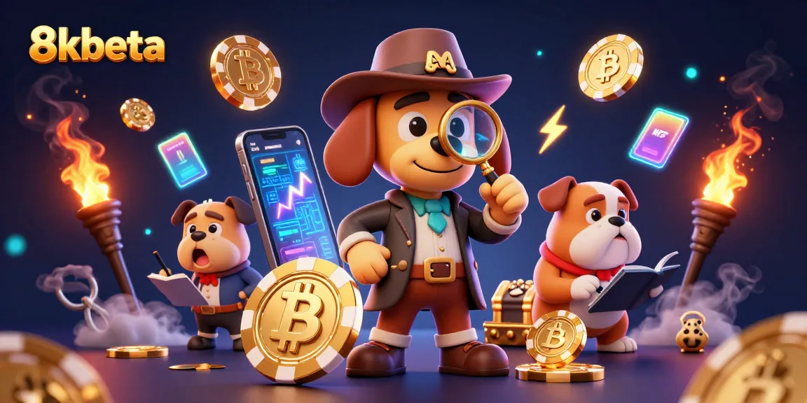 Engage with 8kbeta through a colorful illustration featuring a detective dog and crypto elements, showcasing casino excitement.