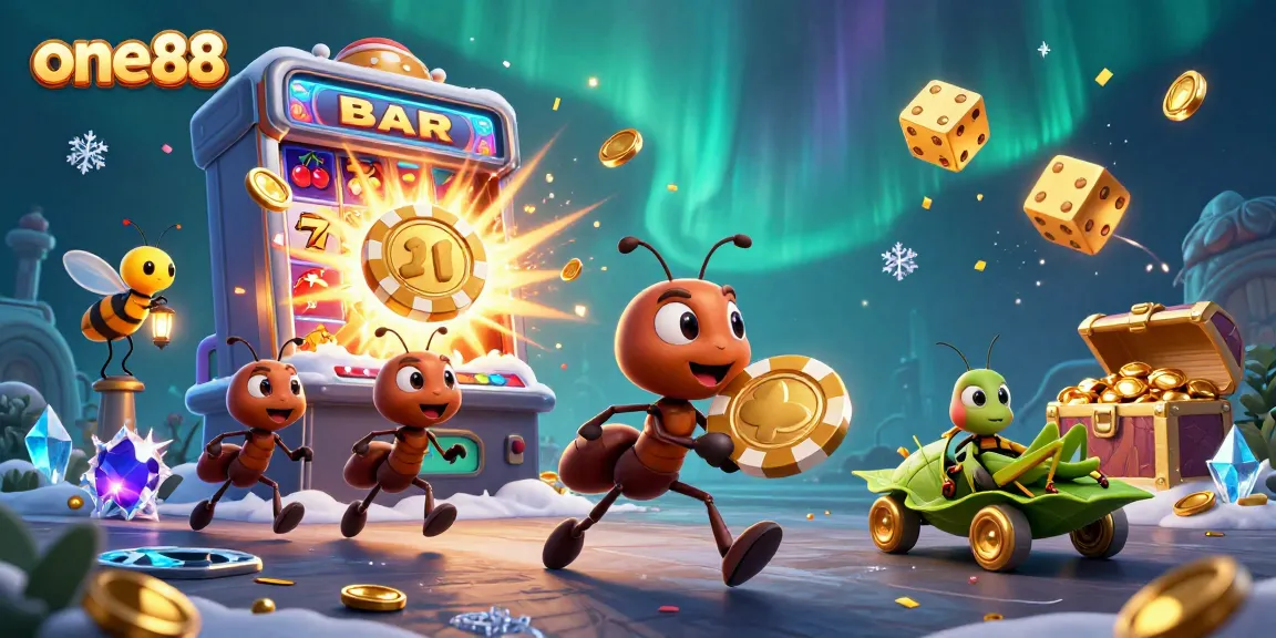 Join the heist at one88 with playful ants carrying a massive poker chip in a vibrant casino scene.