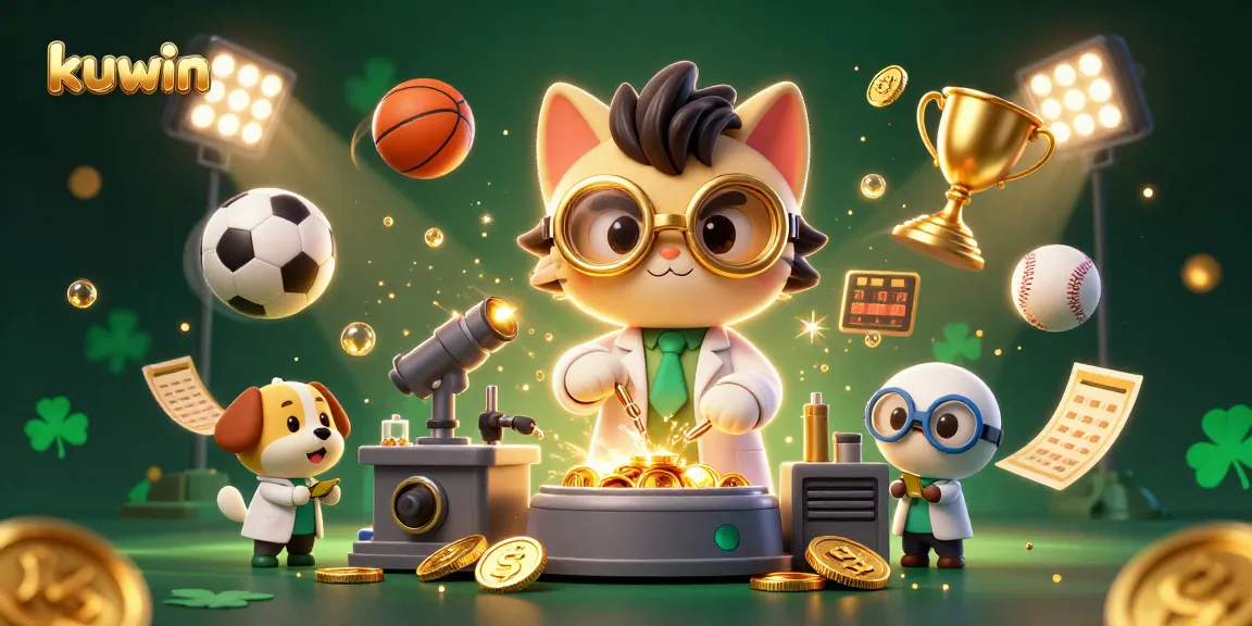 Kuwin online casino features a vibrant scene with a mad scientist cat and a dog assistant creating money amidst sports elements.