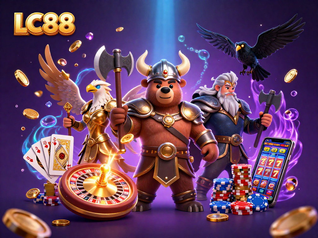 Experience winning at LC88 with a vibrant 3D casino scene full of excitement and gaming elements.