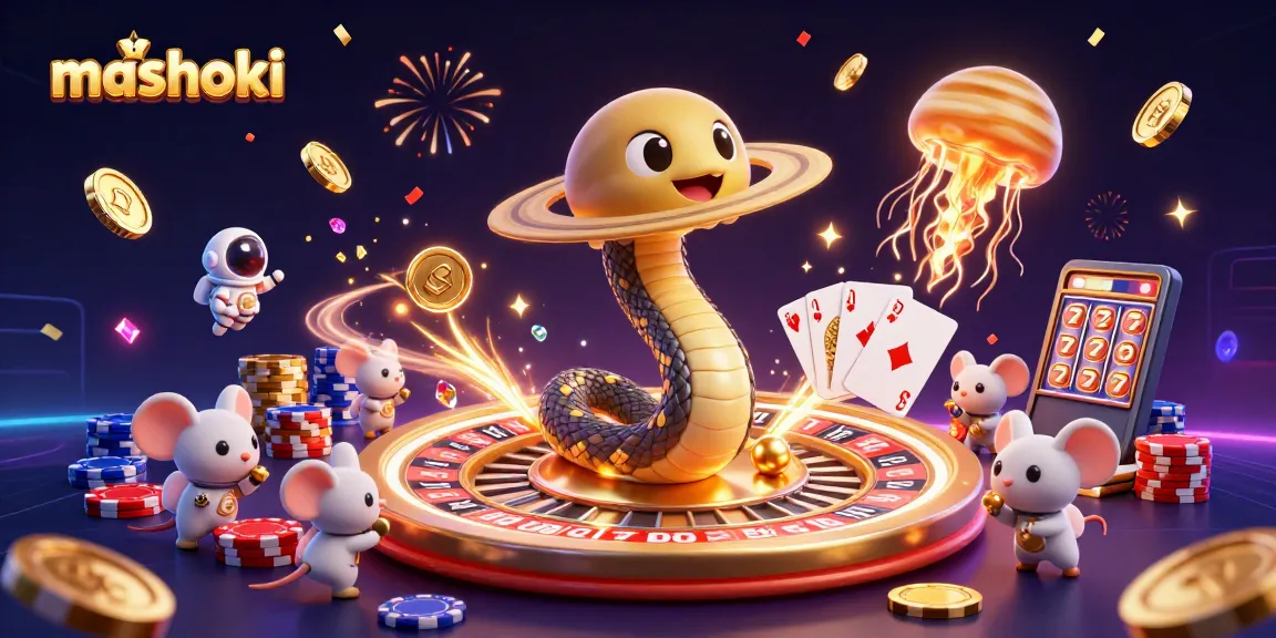 Experience mashoki thrills in a 3D cosmic casino with astronauts betting on a roulette wheel.