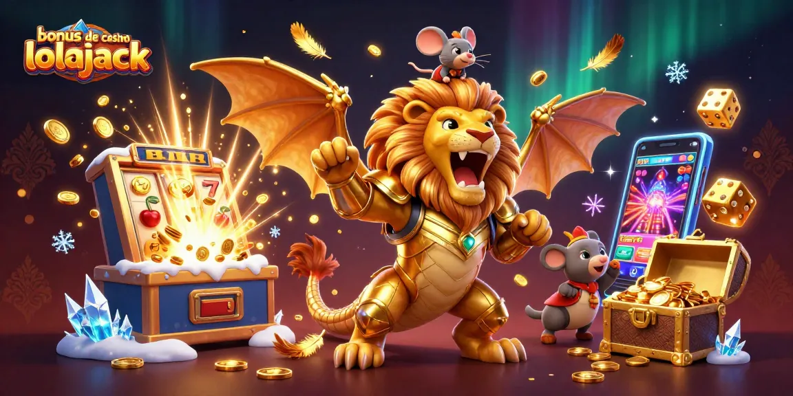 Profitez du bonus de casino Lolajack avec cette spectaculaire illustration de machines à sous et créatures mythiques.