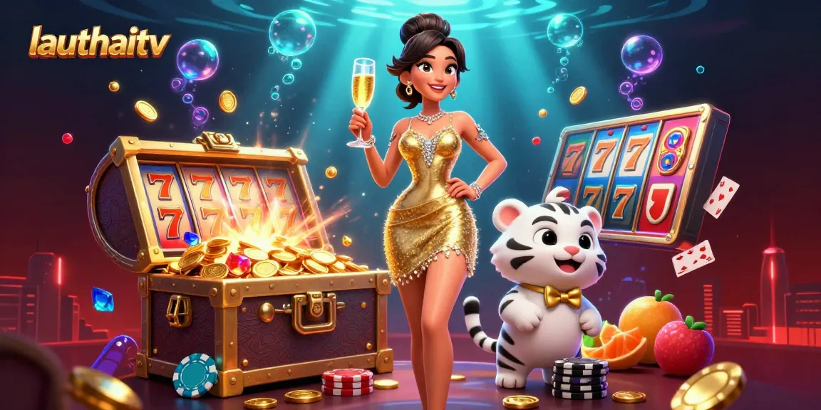 Engage with lauthaitv's vibrant casino scene: a glamorous woman, a lucky tiger cub, and spinning slots.