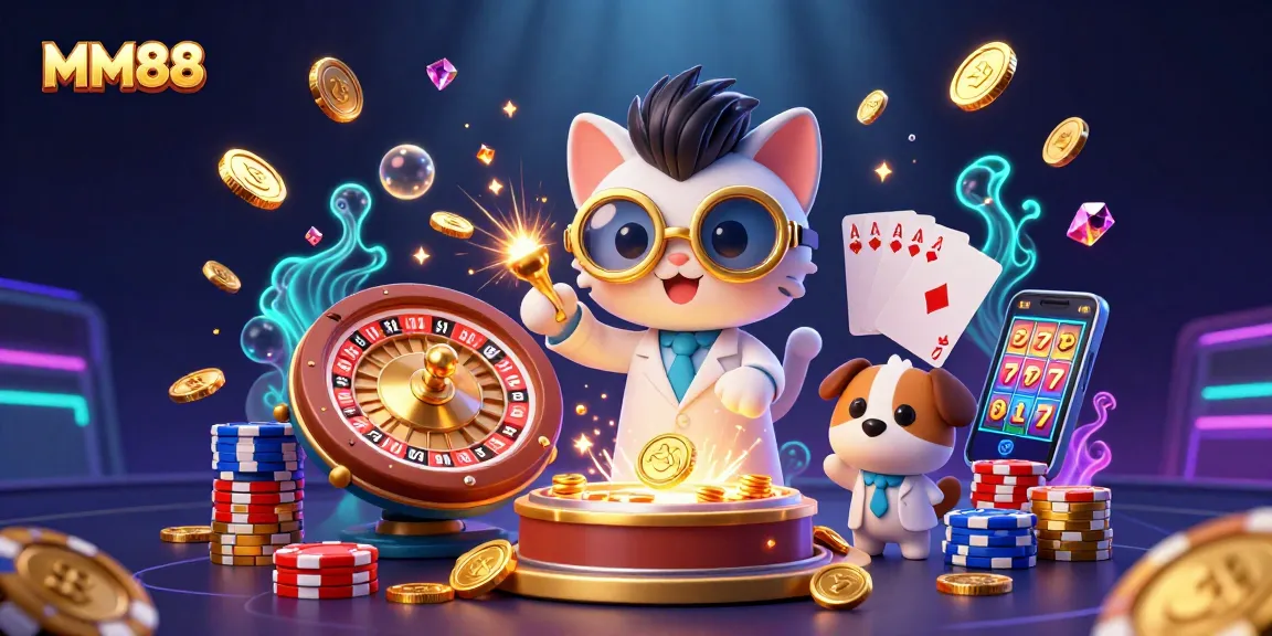 Experience exciting gaming moments at MM88 with vibrant casino elements, golden coins, and cheerful characters.