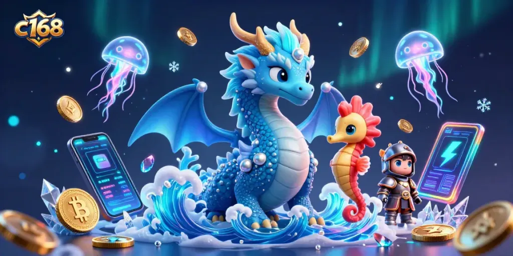 Experience thrilling gameplay at c168 with an azure dragon, seahorse knight, and neon jellyfish in a vibrant casino scene.