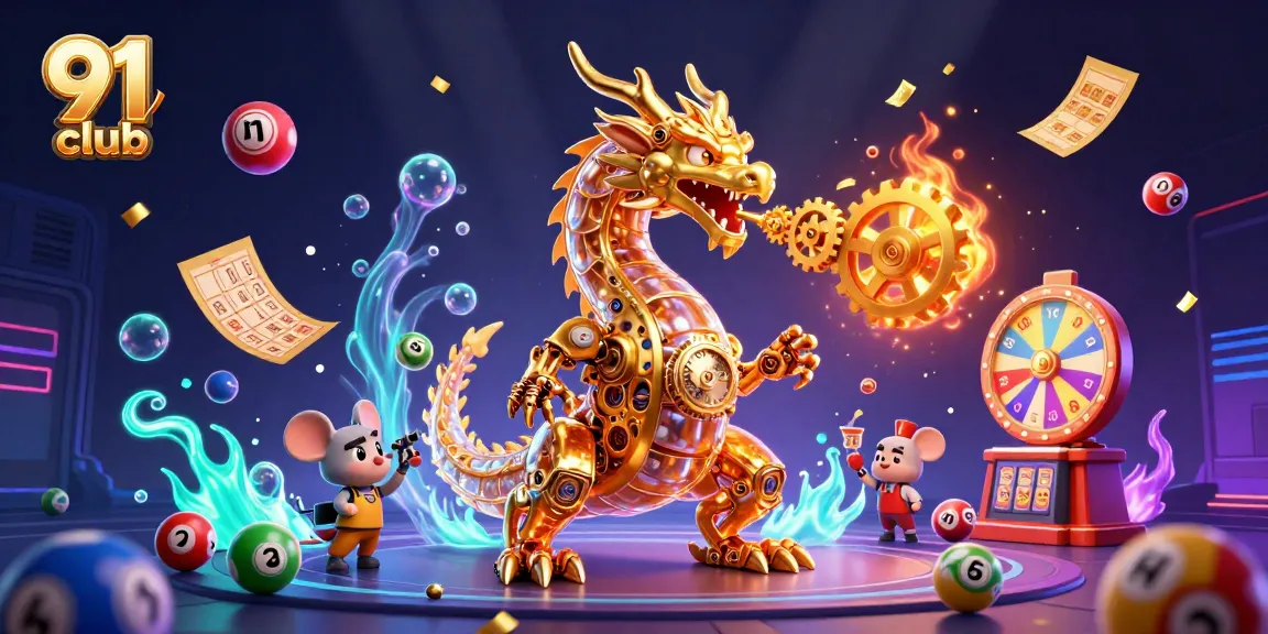 Experience the excitement of 91 club with a vibrant 3D illustration showcasing dynamic lottery elements and a golden dragon.