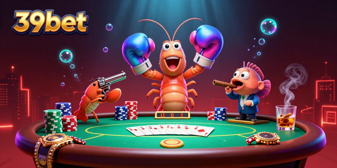 Engage in dynamic poker action with 39bet, featuring colorful chips, high-stakes elements, and vibrant characters.
