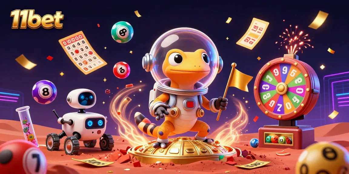 Celebrate winning at 11bet with the Martian gecko discovering a golden casino in a vibrant scene.