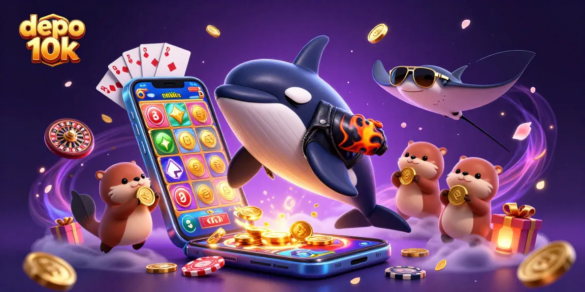 Spin the reels with depo 10k featuring a dynamic scene of ocean animal characters and exciting casino elements.