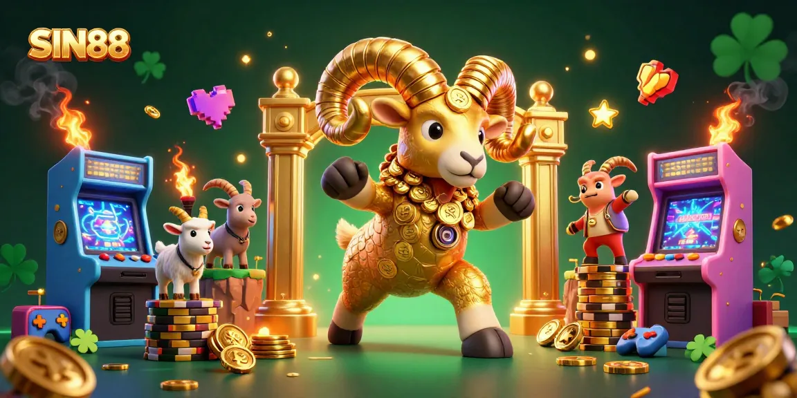 SIN88 showcases a vibrant gaming scene with a golden ram charging through casino gold elements.