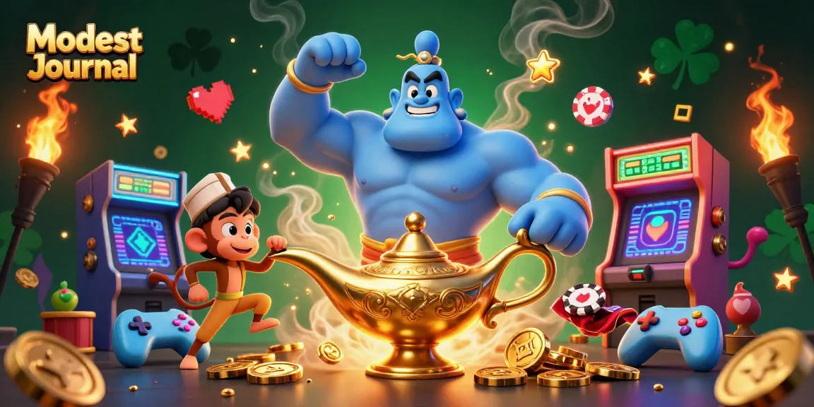Experience thrilling casino fun with Modest Journal's enchanting genie and vibrant gaming elements.