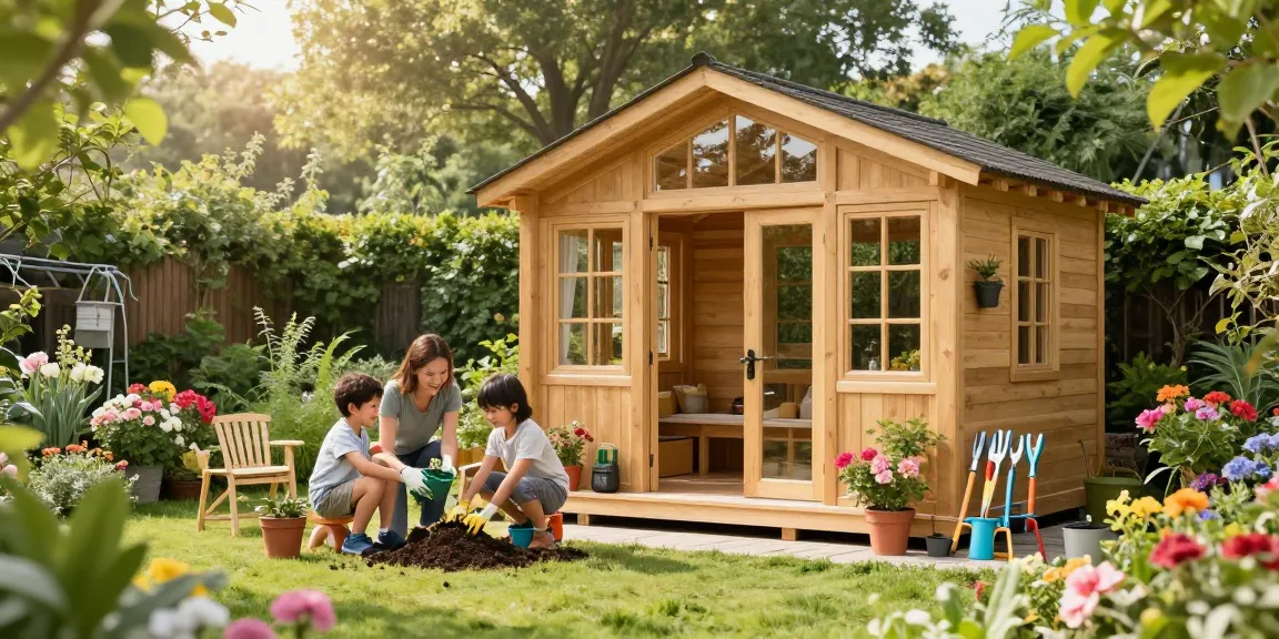 Gartenhaus kaufen: Qualitätsgartenhaus umgeben von Blumen und einer Familie im Garten.