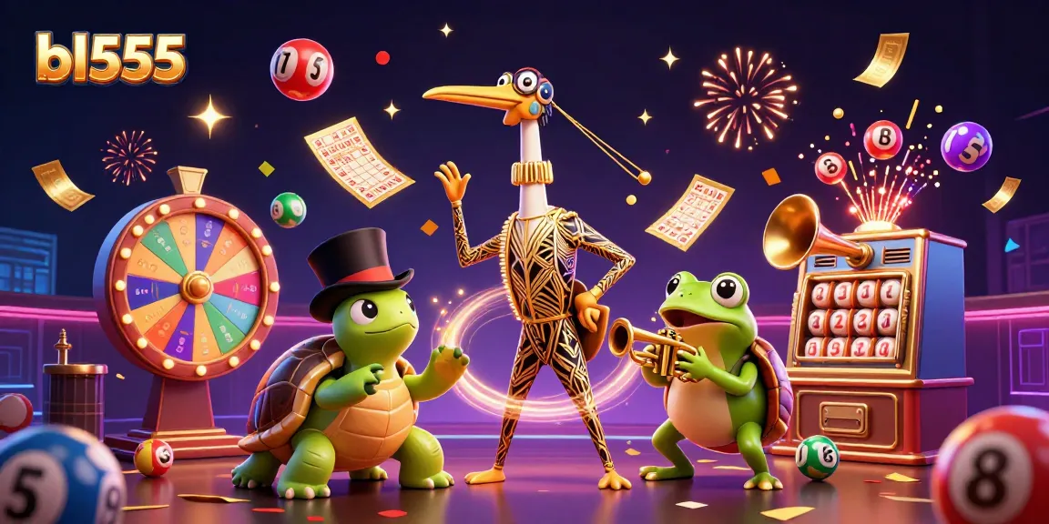 Join the fun at bl555 with vibrant lottery balls, a top-hat turtle, and a trumpet-playing frog!