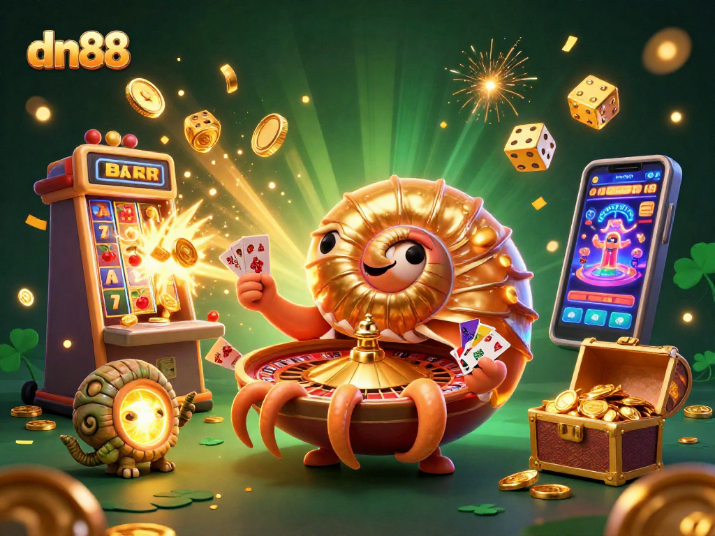 Experience excitement at dn88 with a giant nautilus roulette wheel surrounded by vibrant casino elements.