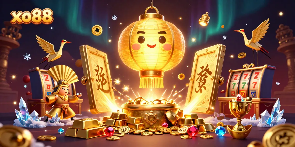 Experience the vibrant action of xo88 with golden treasures, spirit characters, and casino slots in a detailed illustration