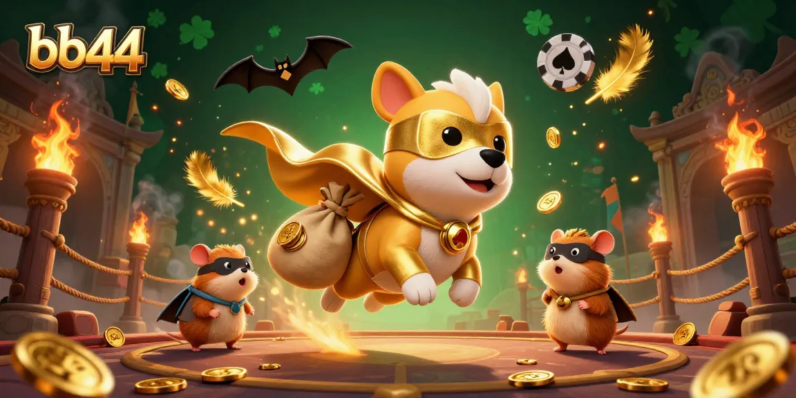 Engage in thrilling gaming with bb44, as a superhero dog and hamster explore a vibrant casino world.