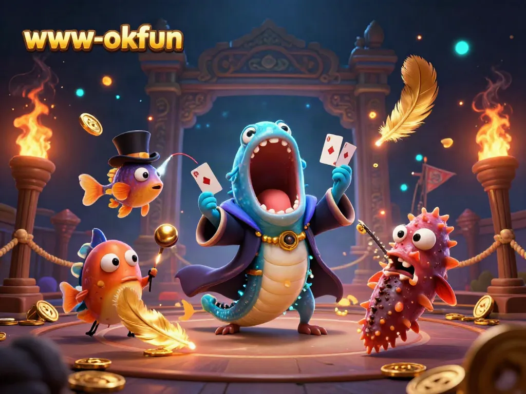 Experience thrilling gameplay at www-okfun featuring dynamic card tricks and vibrant casino-themed characters.