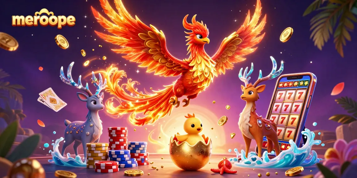 Spin the reels with meroope’s vibrant gaming scene featuring a phoenix and winning elements.