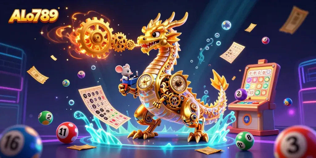 Experience the thrill of ALo789 with a golden dragon breathing gears amidst vibrant gaming elements.