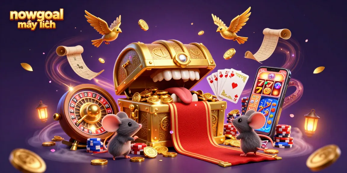 Experience the excitement of nowgoal mới nhất, featuring a rich scene of animated treasures and gambling action.