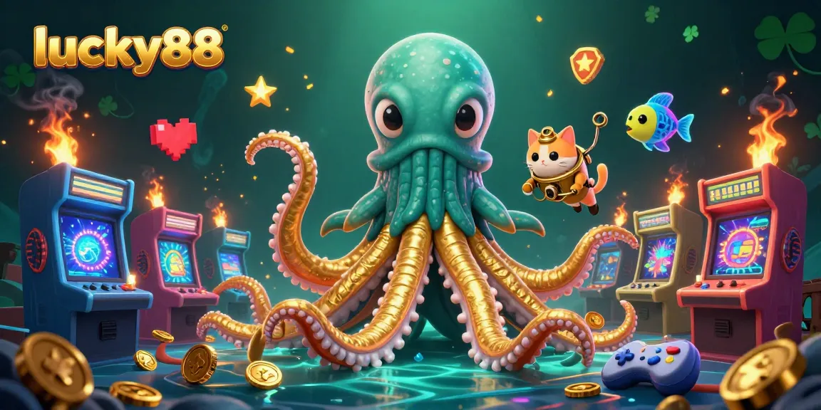 Exciting lucky88 gaming scene featuring a kraken, diving cat, and vibrant arcade elements.