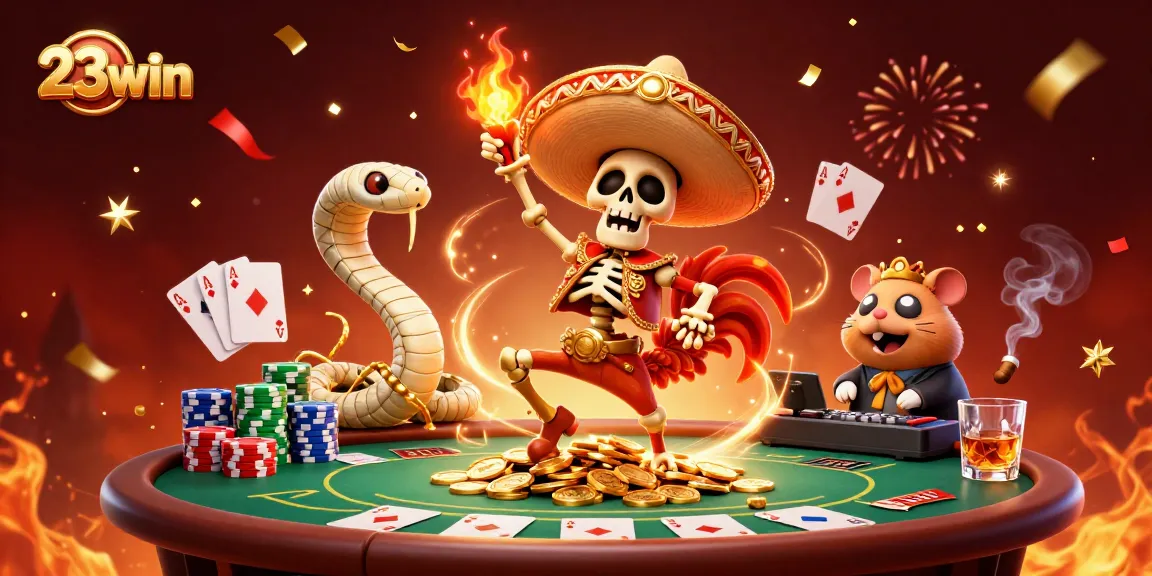 Join the thrill at 23win as the skeleton mariachi celebrates among golden coins in a vibrant casino scene.